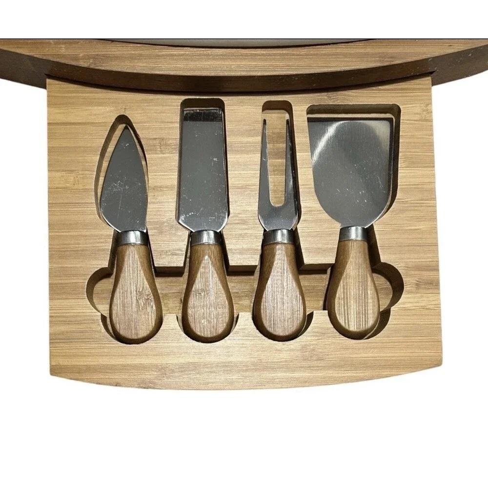 B. SMITH Bamboo & Marble Cheese Board Set w/ Utensils Hidden Storage Tray
